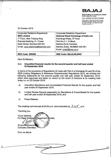 Thumbnail Bajaj Holdings & Investment Quarterly Report 2019-q2