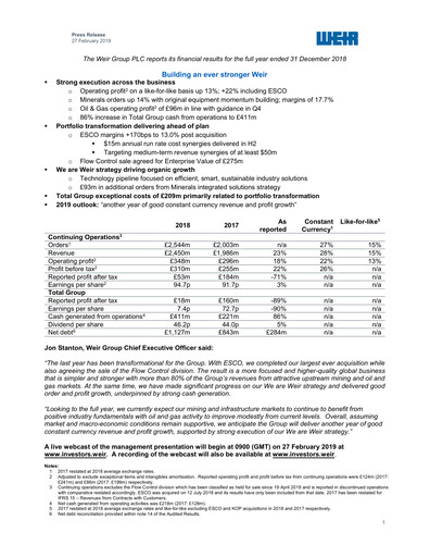 Thumbnail The Weir Group Financial Report 2018