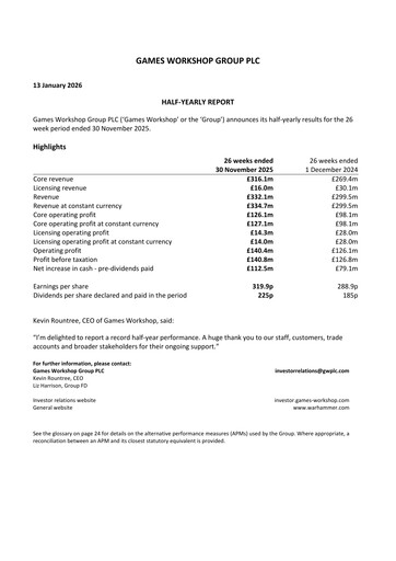 Thumbnail Games Workshop Group Half-year Report 2025-2026