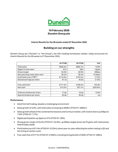 Vorschaubild Dunelm Group Halbjahresbericht 2026-h1