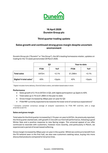 Vorschaubild Dunelm Group Quartalsbericht 2026-q3