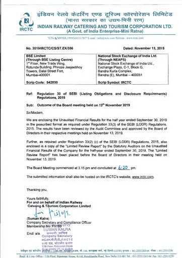 Thumbnail Indian Railway Catering & Tourism Half-year Report 2019-h1