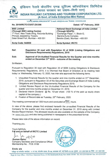 Thumbnail Indian Railway Catering & Tourism Quarterly Report 2019-q3