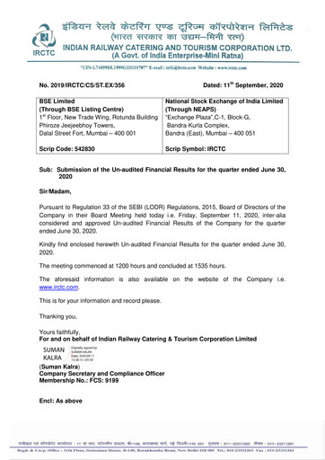 Thumbnail Indian Railway Catering & Tourism Quarterly Report 2020-q1