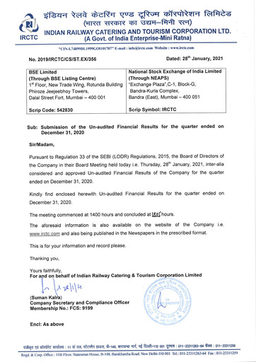Thumbnail Indian Railway Catering & Tourism Quarterly Report 2020-q3