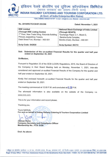 Thumbnail Indian Railway Catering & Tourism Quarterly Report 2021-q2