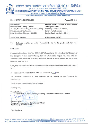 Thumbnail Indian Railway Catering & Tourism Quarterly Report 2022-q1