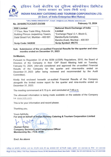 Thumbnail Indian Railway Catering & Tourism Quarterly Report 2023-q3