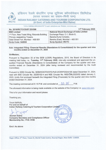 Thumbnail Indian Railway Catering & Tourism Quarterly Report 2024-q3