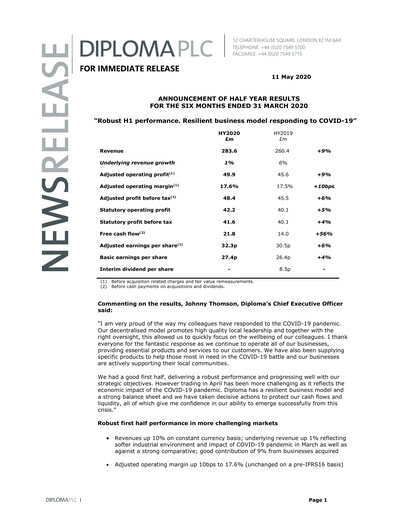 Thumbnail Diploma plc Half-year Report 2020-h1