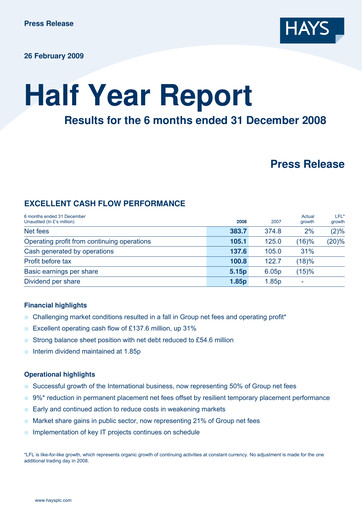 Thumbnail Hays plc Half-year Report 2009-h1