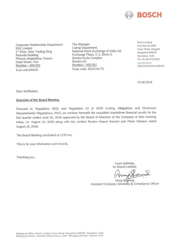 Miniature BOSCH India Rapport trimestriel 2018-q1