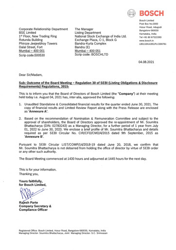 Miniature BOSCH India Rapport trimestriel 2021-q1
