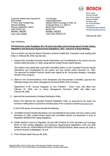 Miniature BOSCH India Rapport trimestriel 2025-q3