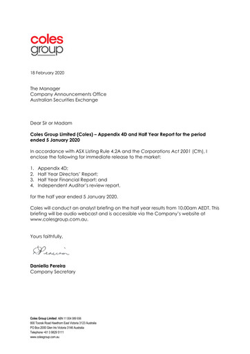 Miniature Coles Group
 Rapport semestriel 2020-h1