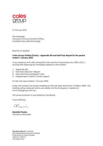 Miniature Coles Group
 Rapport semestriel 2023-h1