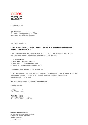 Miniature Coles Group
 Rapport semestriel 2024-h1