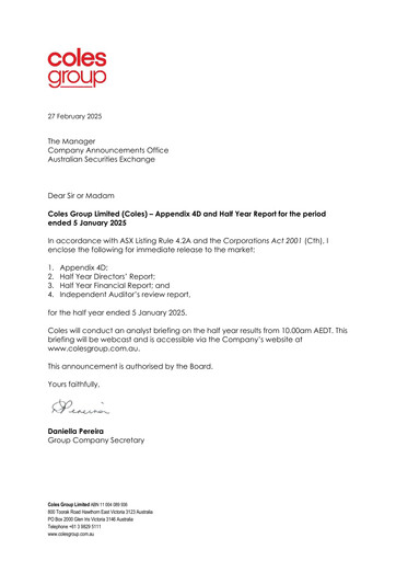 Miniature Coles Group
 Rapport semestriel 2025-h1