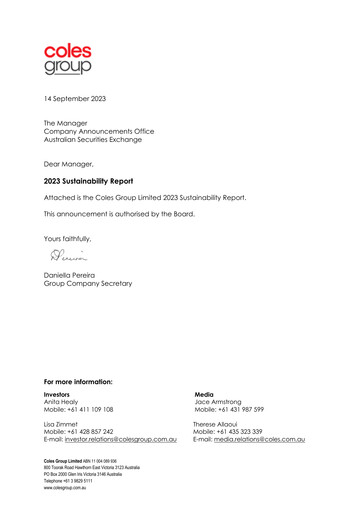 Miniature Coles Group
 Rapport de durabilité 2023