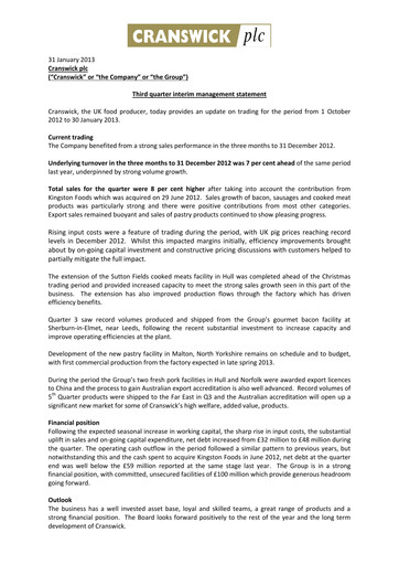 Thumbnail Cranswick Quarterly Report 2013-q3