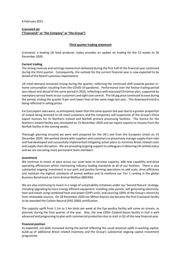 Thumbnail Cranswick Quarterly Report 2021-q3