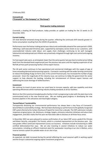 Thumbnail Cranswick Quarterly Report 2022-q3