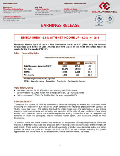 Thumbnail Arca Continental Quarterly Report 2013-q1