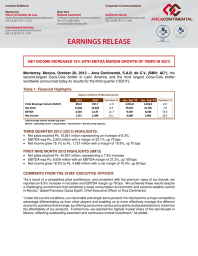Thumbnail Arca Continental Quarterly Report 2013-q3