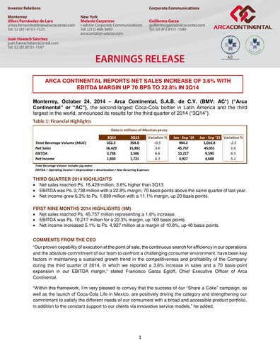 Thumbnail Arca Continental Quarterly Report 2014-q3