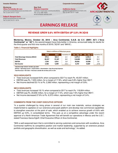 Thumbnail Arca Continental Quarterly Report 2018-q3