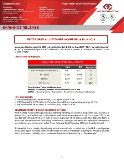 Thumbnail Arca Continental Quarterly Report 2019-q1