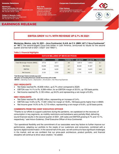 Thumbnail Arca Continental Quarterly Report 2021-q2