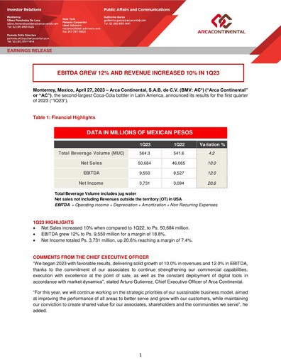 Thumbnail Arca Continental Quarterly Report 2023-q1