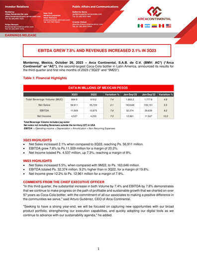 Thumbnail Arca Continental Quarterly Report 2023-q3