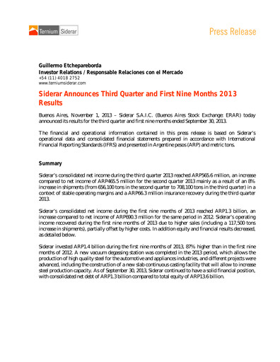 Thumbnail Ternium Argentina Quarterly Report 2013-q3