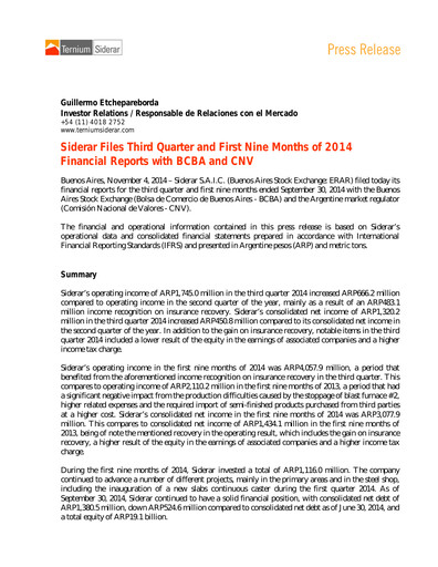 Thumbnail Ternium Argentina Quarterly Report 2014-q3