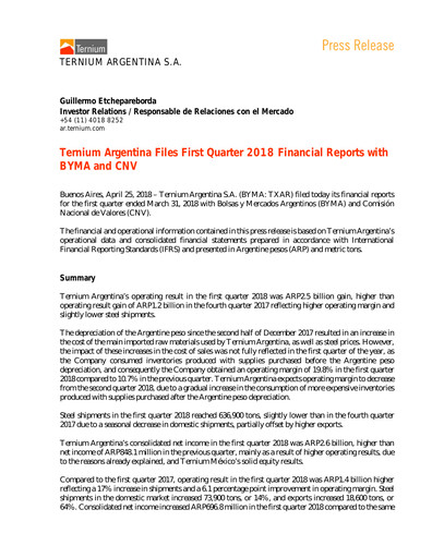 Thumbnail Ternium Argentina Quarterly Report 2018-q1