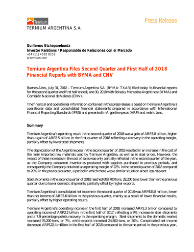 Thumbnail Ternium Argentina Quarterly Report 2018-q2