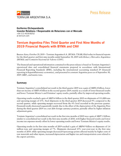 Thumbnail Ternium Argentina Quarterly Report 2019-q3