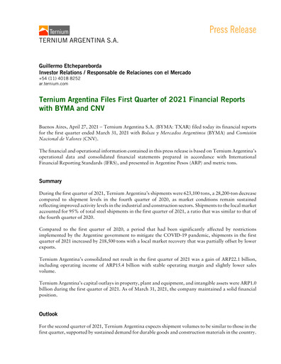 Thumbnail Ternium Argentina Quarterly Report 2021-q1