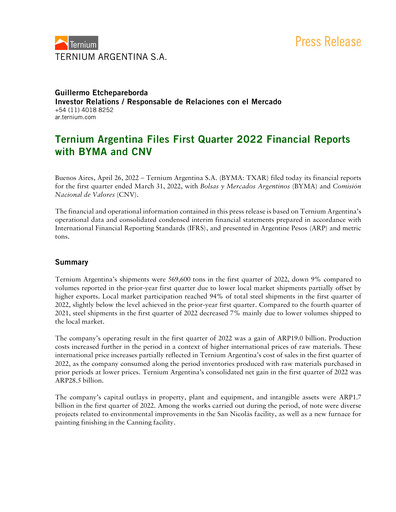 Thumbnail Ternium Argentina Quarterly Report 2022-q1