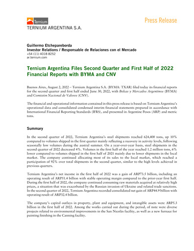 Thumbnail Ternium Argentina Quarterly Report 2022-q2
