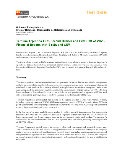 Thumbnail Ternium Argentina Quarterly Report 2023-q2