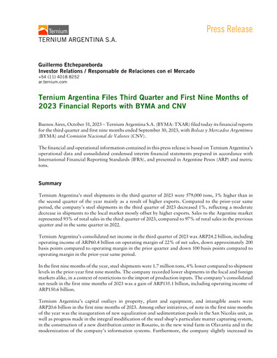 Thumbnail Ternium Argentina Quarterly Report 2023-q3