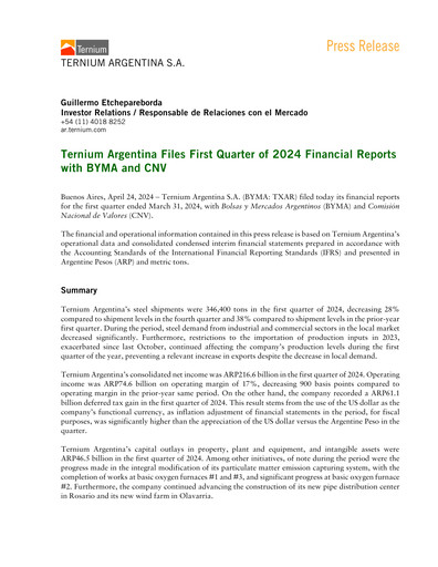 Thumbnail Ternium Argentina Quarterly Report 2024-q1