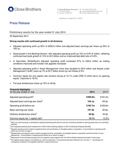 Thumbnail Close Brothers Group Financial Report 2014