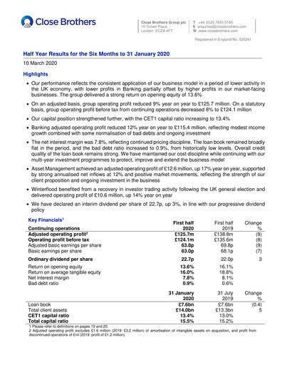 Thumbnail Close Brothers Group Half-year Report 2020-h1