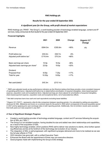 Thumbnail RWS Holdings Financial Report 2021