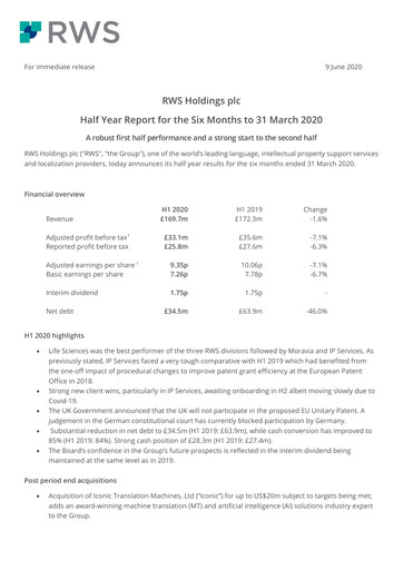 Thumbnail RWS Holdings Half-year Report 2020-h1