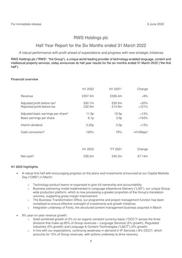 Thumbnail RWS Holdings Half-year Report 2022-h1